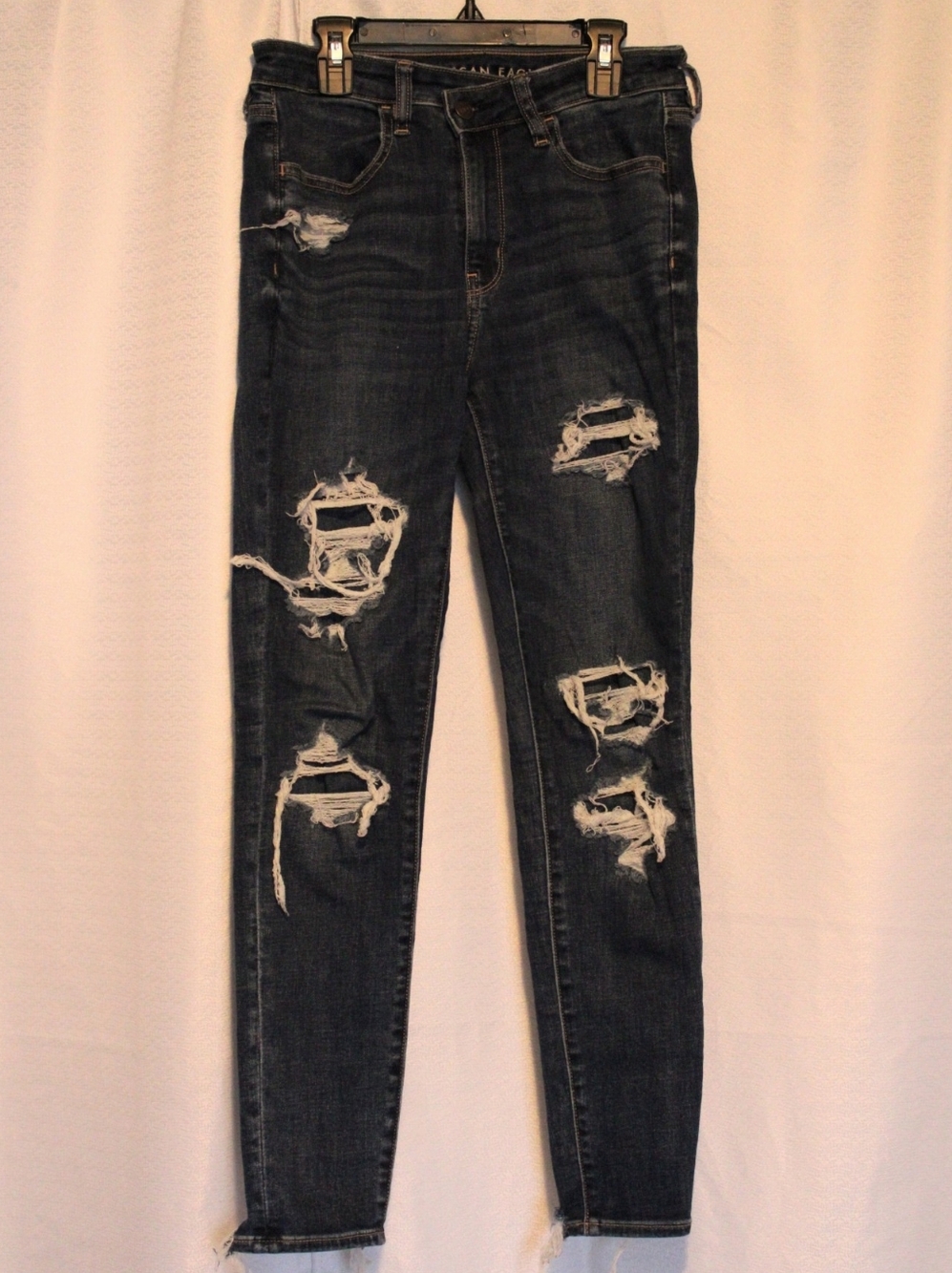 American Eagle Dark Wash Distressed Skinny Jeans Criss Cross Waist Size 6 - Picture 6 of 7